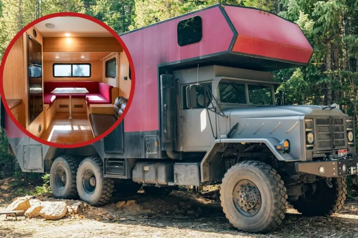 De camión militar de seis ruedas a camper extrema todoterreno: 11 metros, motor diésel de 8,3 litros, casi 1.000 litros de agua y dos camas gigantes