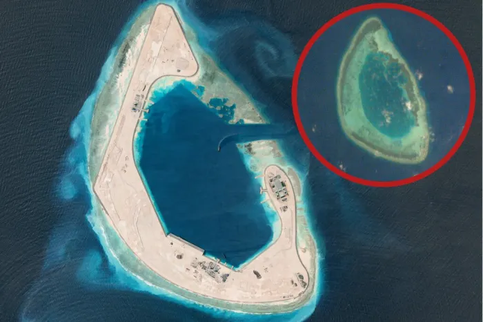 Imágenes de satélite lo confirman: China está construyendo una base militar donde hace menos de un año solo había agua